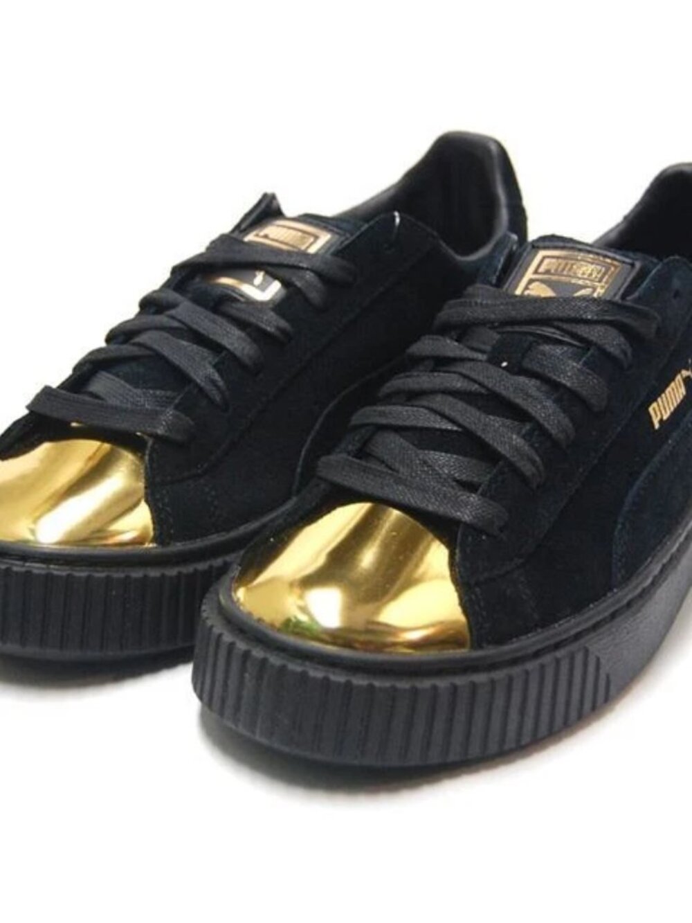 Puma Suede Platform Gold Toe Sneakers - Black/Metallic Gold